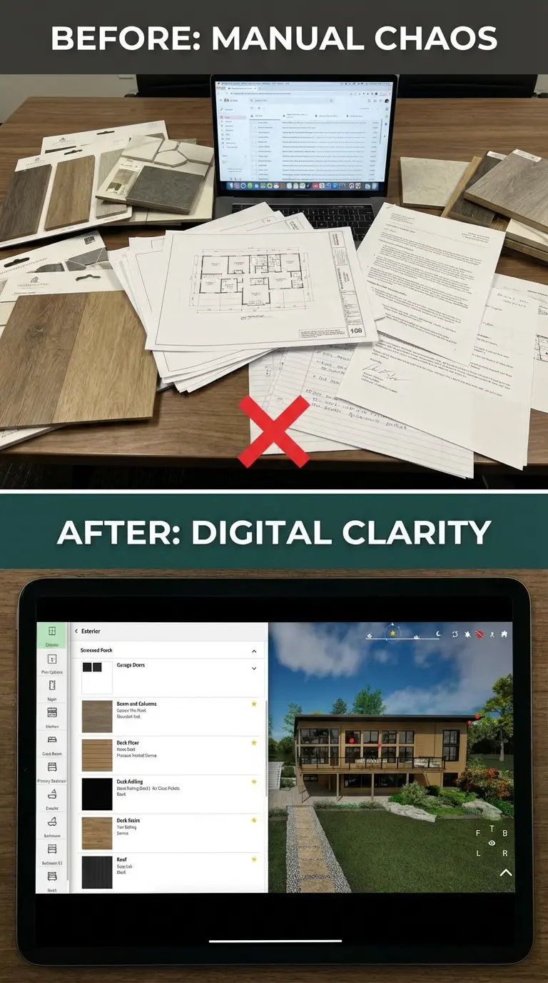 manual-vs-digital-home-selections-before-after-aareas Before-and-after comparison showing manual home-selection chaos with papers and samples versus a clean digital selections platform with organized options and a 3D home view.