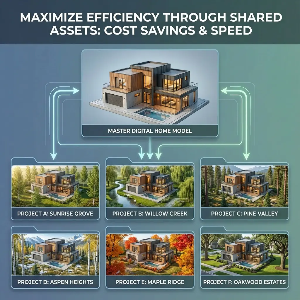 Infographic showing a master digital home model reused across six different housing projects, illustrating how shared digital assets reduce costs and speed up production for builders.