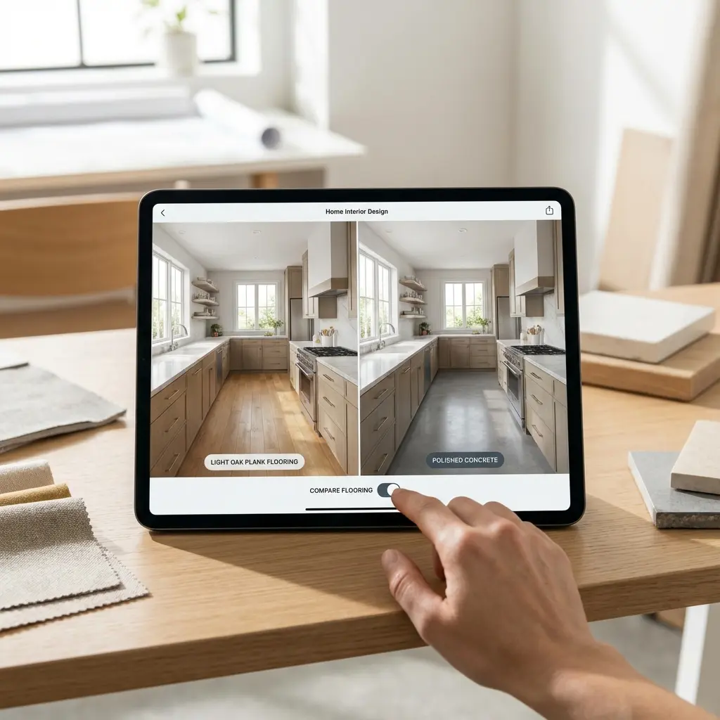 virtual-home-material-comparison-flooring-visualizer Tablet showing a side-by-side comparison of kitchen flooring options—light oak plank and polished concrete—demonstrating how buyers visualize materials digitally.