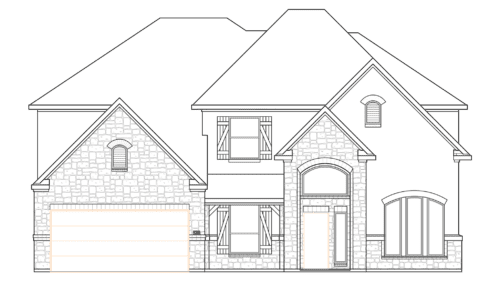 Black and white elevation drawing of a two-story home with front garage and arched entryway.