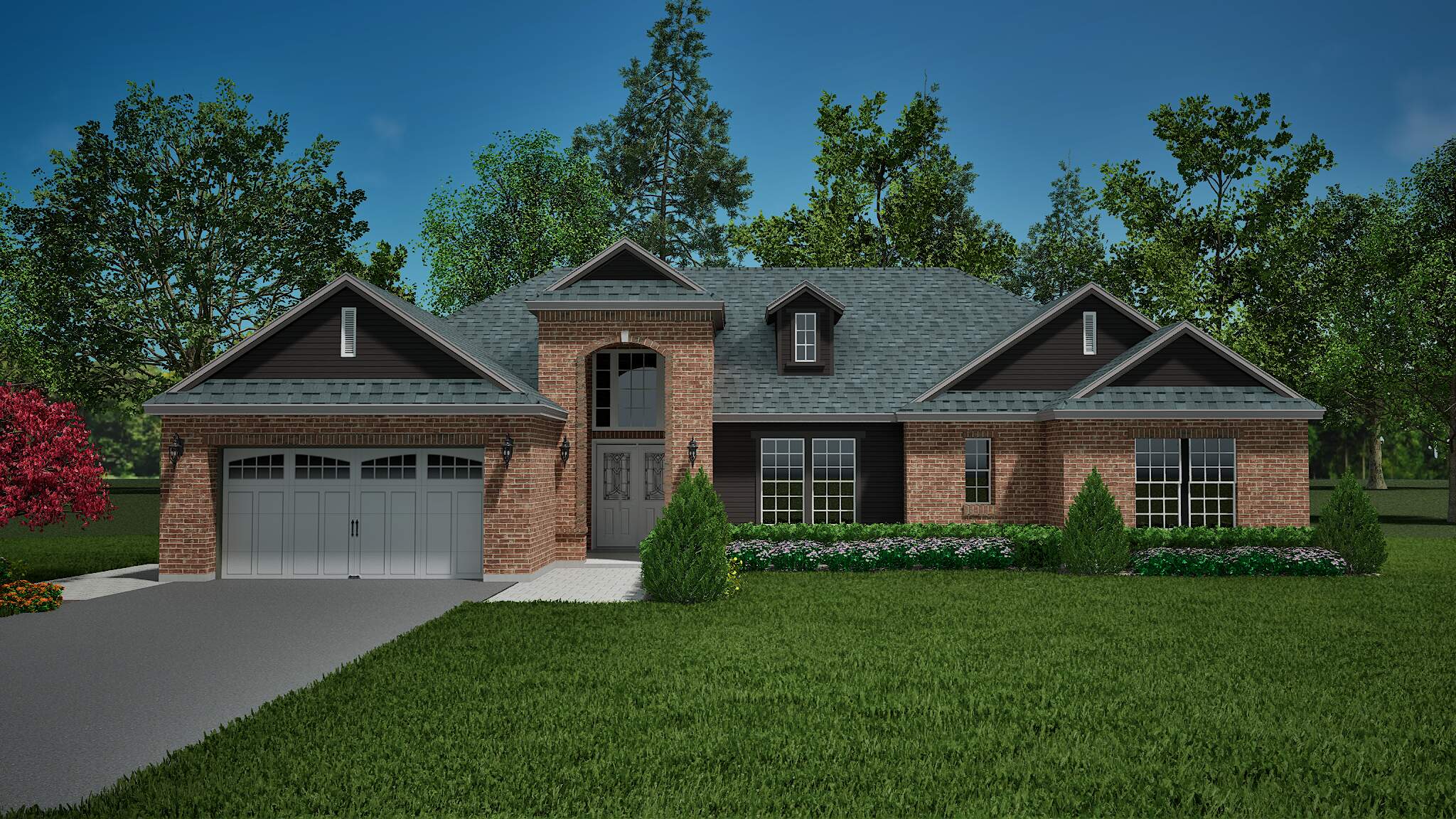 Craftsman ranch-style home with brick and grey roof.