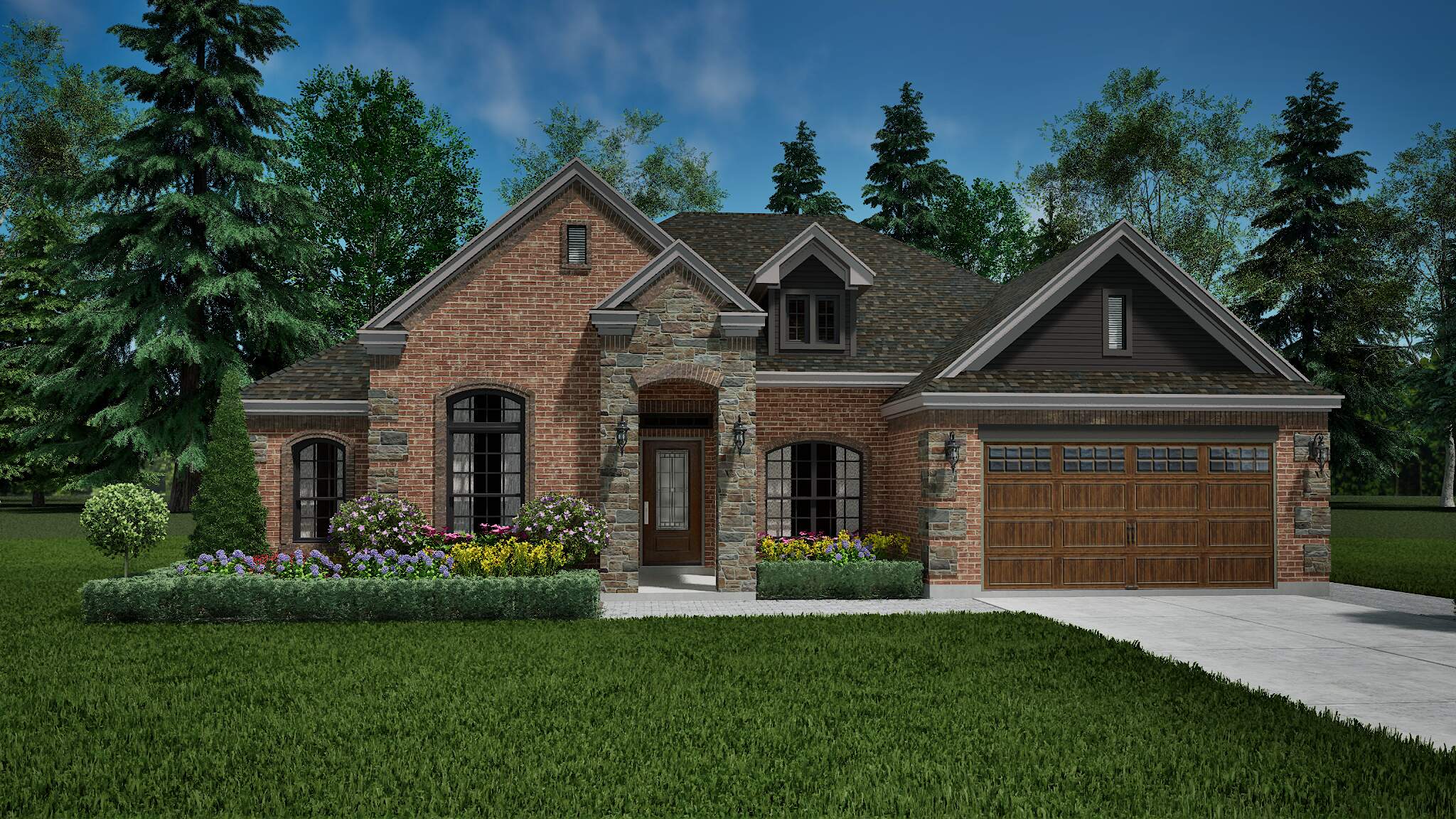 Brick-front cottage style home with elegant entry columns and wood garage.