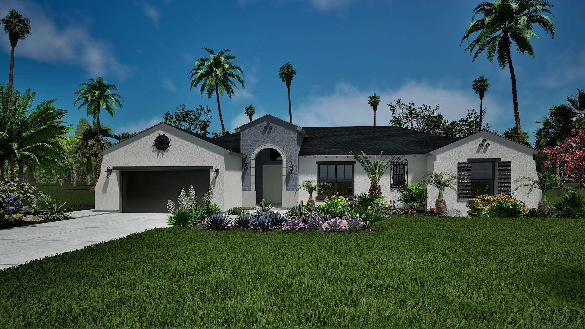 White stucco home with tropical landscaping.