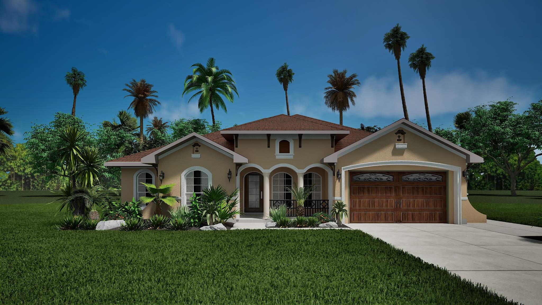 Mediterranean style house with arched windows in a tropical setting.