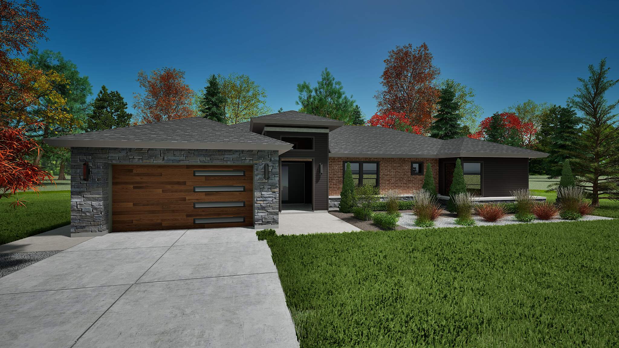 Sleek single-story home with large wood garage doors in a urban fall setting. 