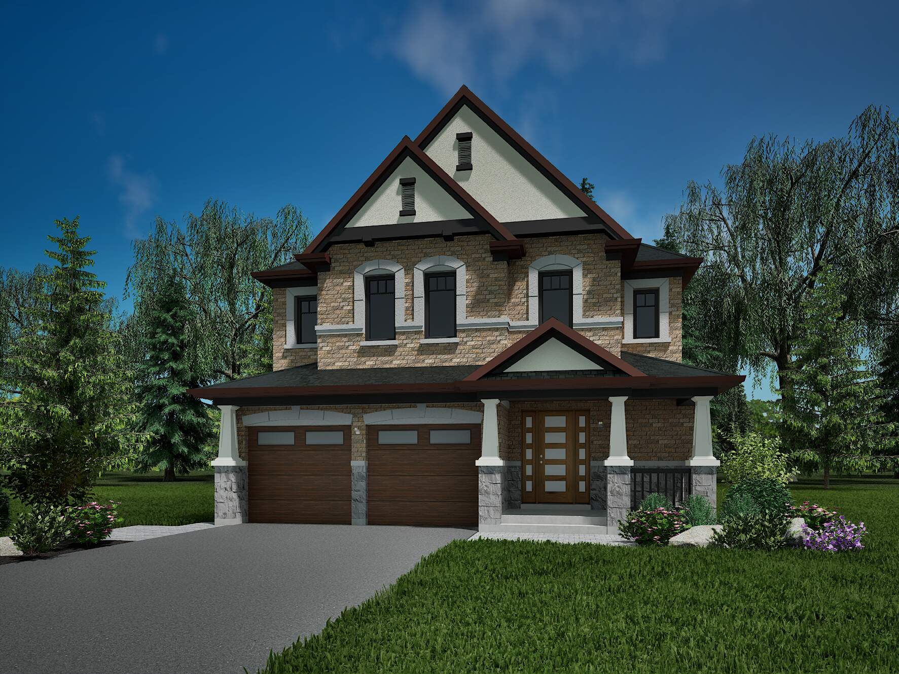 Two-story urban home with stone base and wood columns.