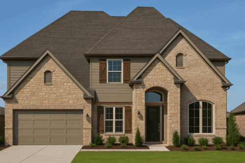 AI rendering of a two-story home with brown brick, stone accents, and wood shutters.