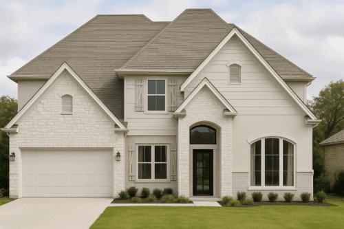 Two-story AI rendering with light stone, white siding, and white shutters.