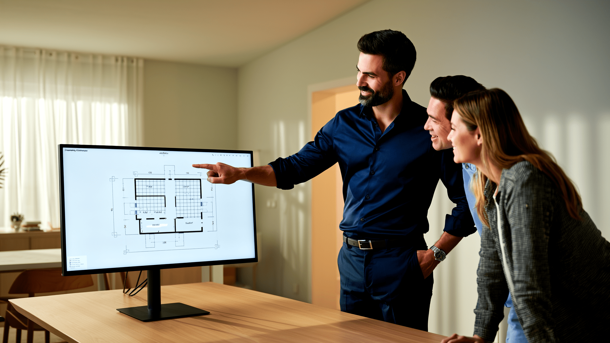 builder-showing-2d-floor-plan-to-clients Builder presenting a 2D floor plan on a computer screen to homebuyers.
