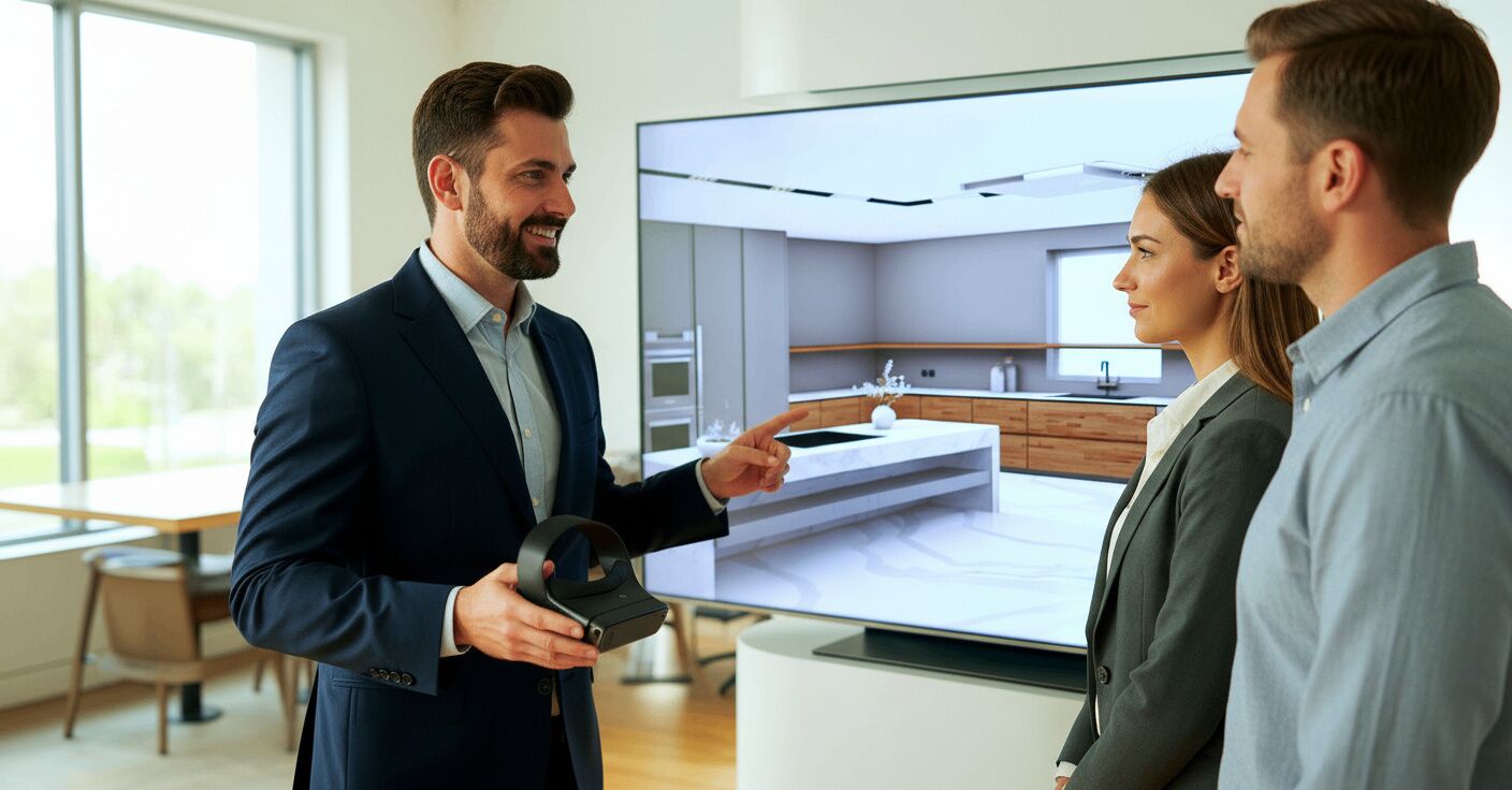builder-showing-virtual-home-visualisation-to-buyers Builder presenting a 3D virtual home visualisation with VR headset and screen to homebuyers.