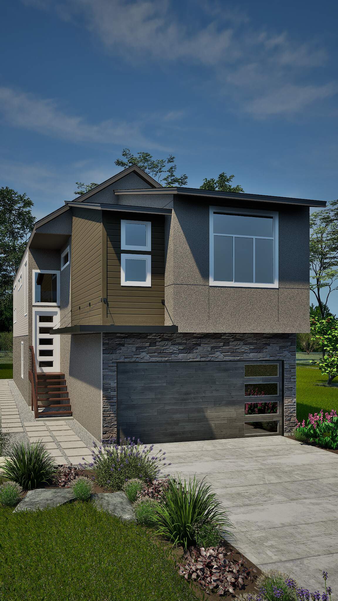 A high-quality vertical exterior rendering of a modern multi-story home, optimized for social media. This architectural rendering showcases detailed home features in a 2K resolution format.