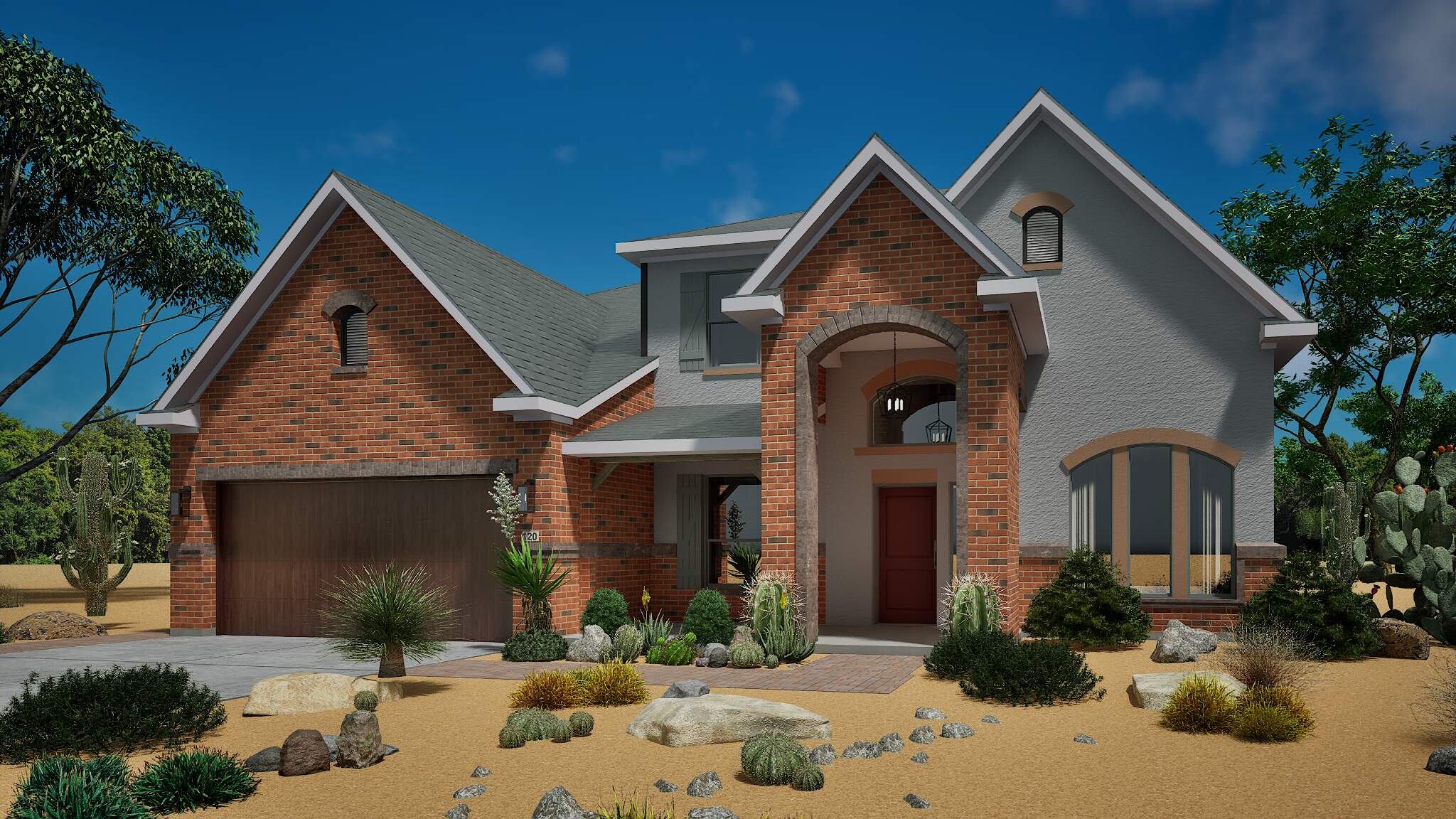 High quality rendering of the same two-story home set in a desert landscape, showcasing a warm brick and stucco facade with drought-resistant landscaping, cacti, rocks, and sand.