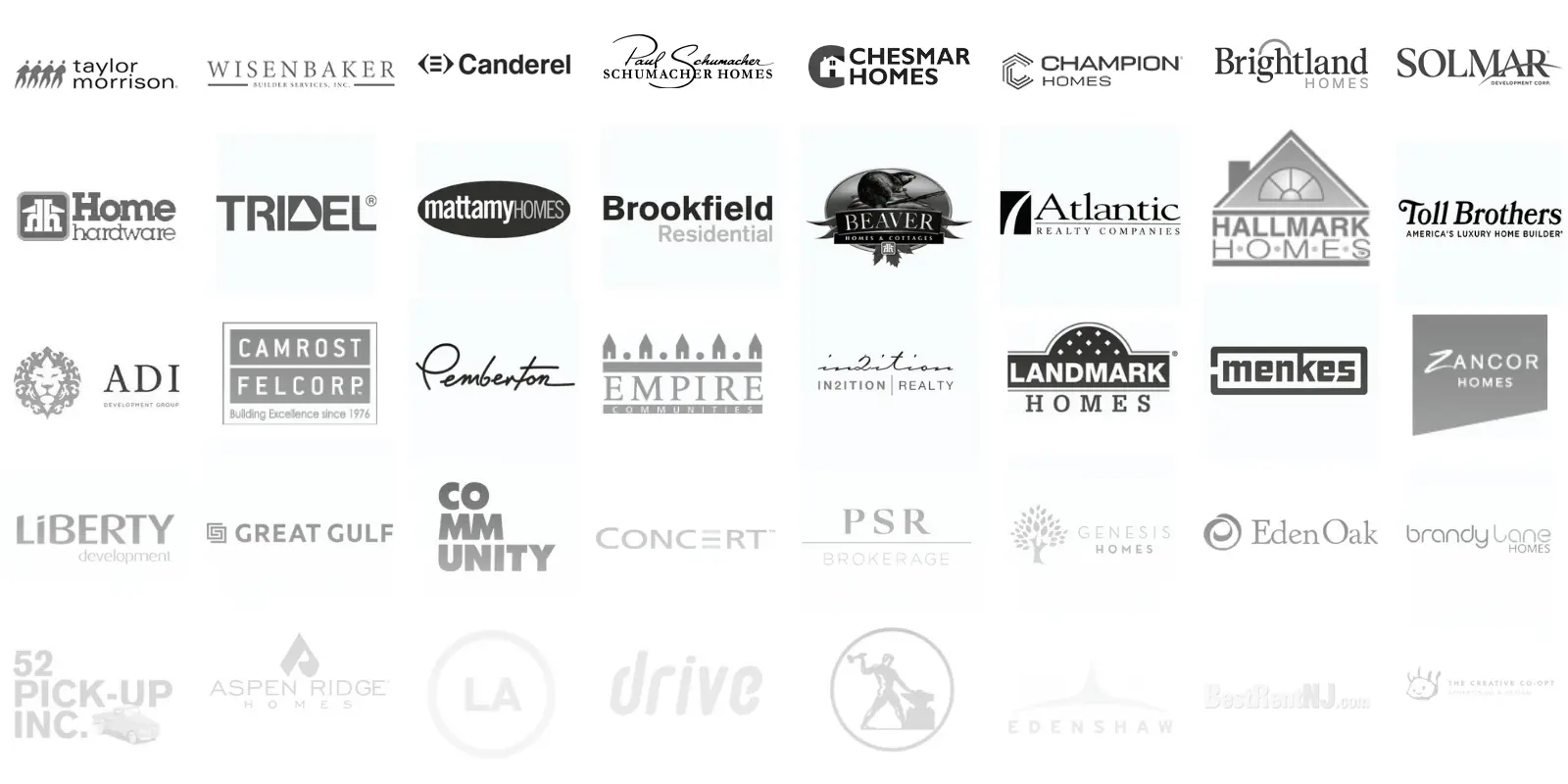 Greyscale logos of Aareas Interactive’s home builder and developer clients.