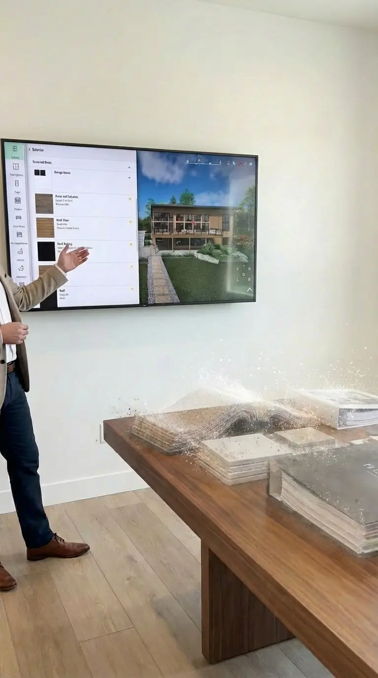 Builder presenting a digital home design center on a large screen as physical sample books and materials fade away, illustrating the shift from manual samples to a fully digital selections experience.
