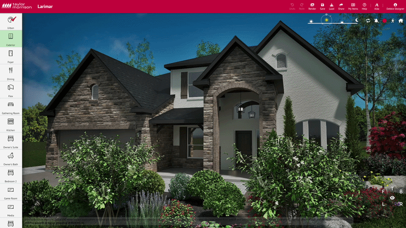Animated screen recording of AIDA, Aareas' AI Design Assistant, suggesting exterior finish options in a chat panel next to a home rendering