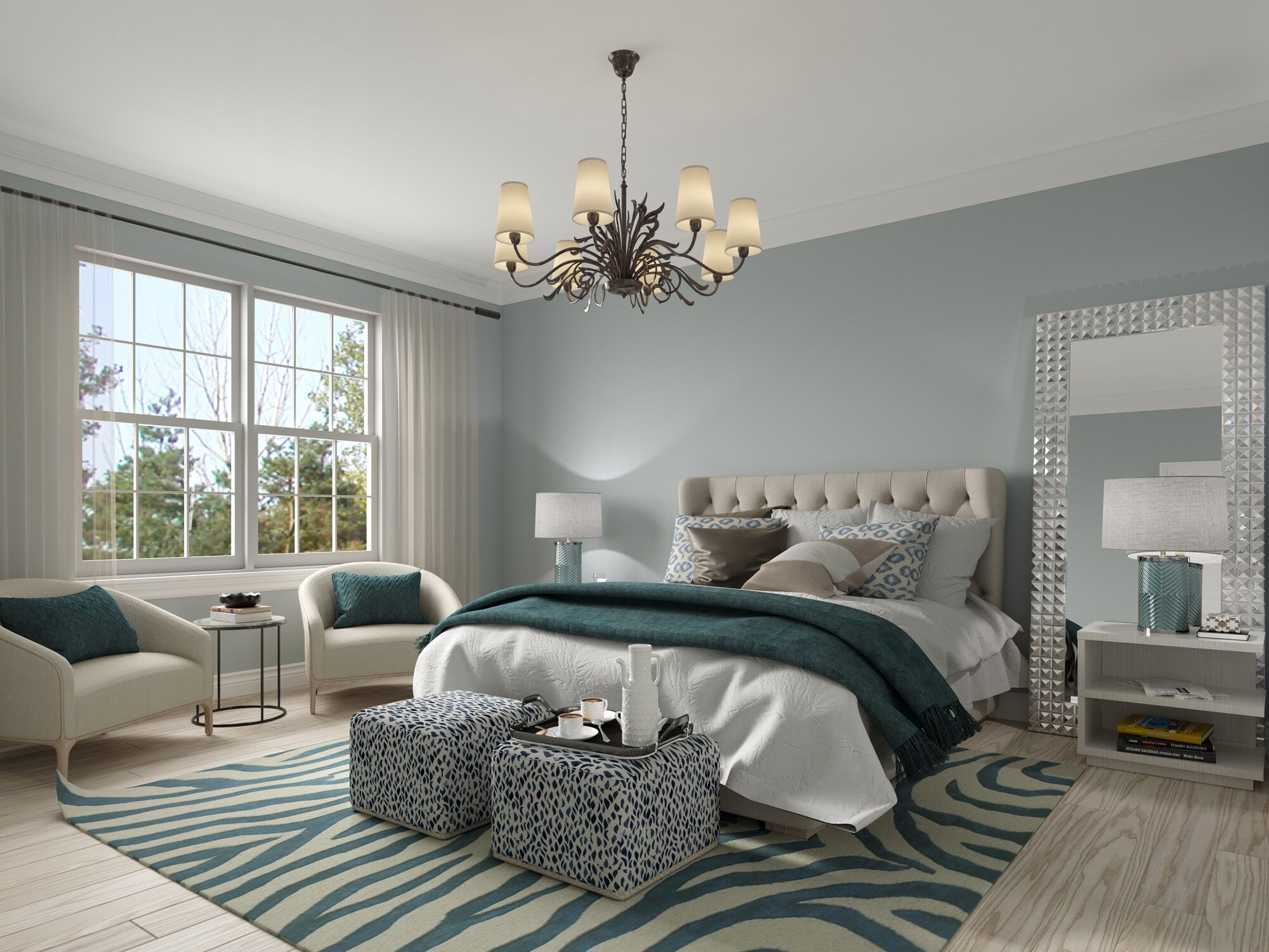 Interior Rendering - Blue Coastal Master Bedroom Interior Design Rendering by Estridge Harmony