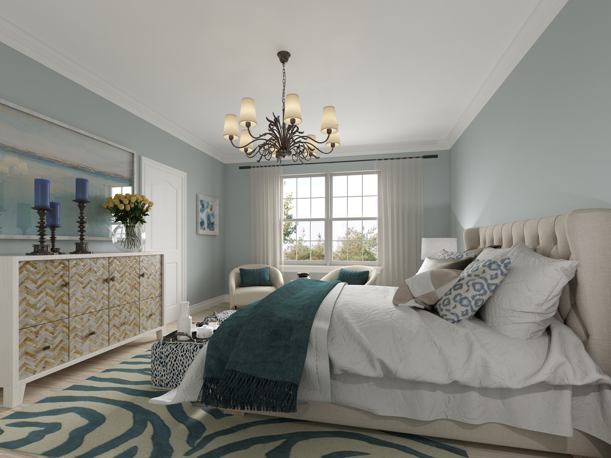 Interior Rendering - Blue Coastal Master Bedroom Interior Design by Estridge Harmony